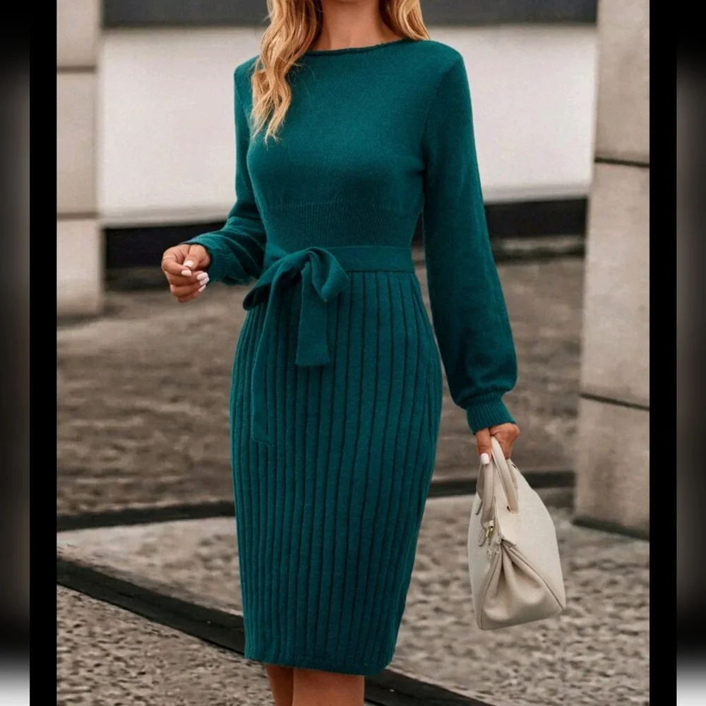Solid Ribbed Knit Belted Sweater Dress - Picture 2 of 6